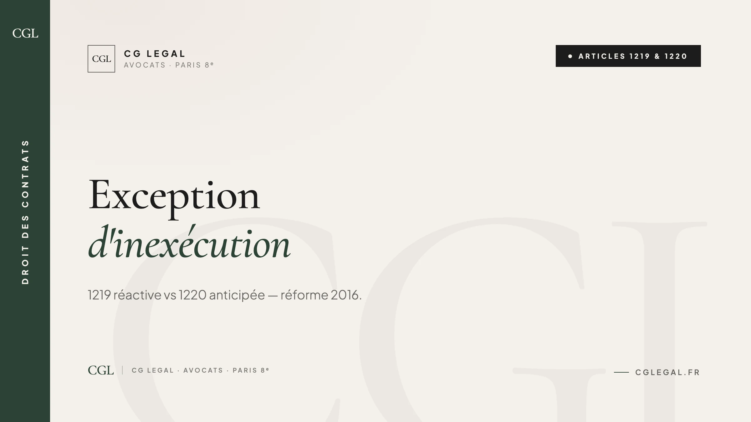 Exception d'inexécution articles 1219 et 1220 Code civil - réactive vs anticipée, conditions cumulatives, jurisprudence, articulation résolution unilatérale 1224-1230